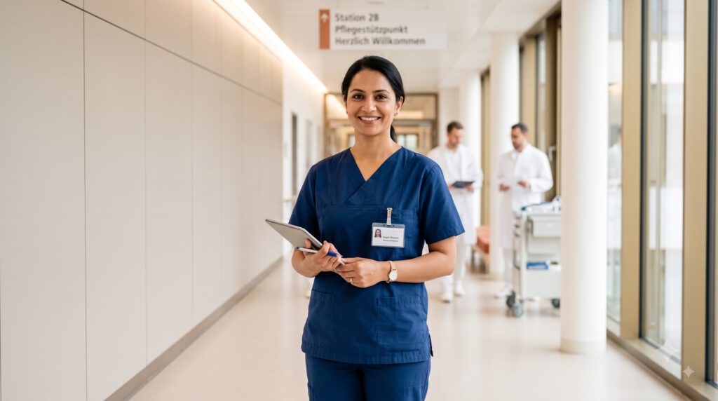 Pflegefachkräfte aus Indien: was Arbeitgeber wissen müssen 1 Nurse standing in hospital corridor 202608241815 1